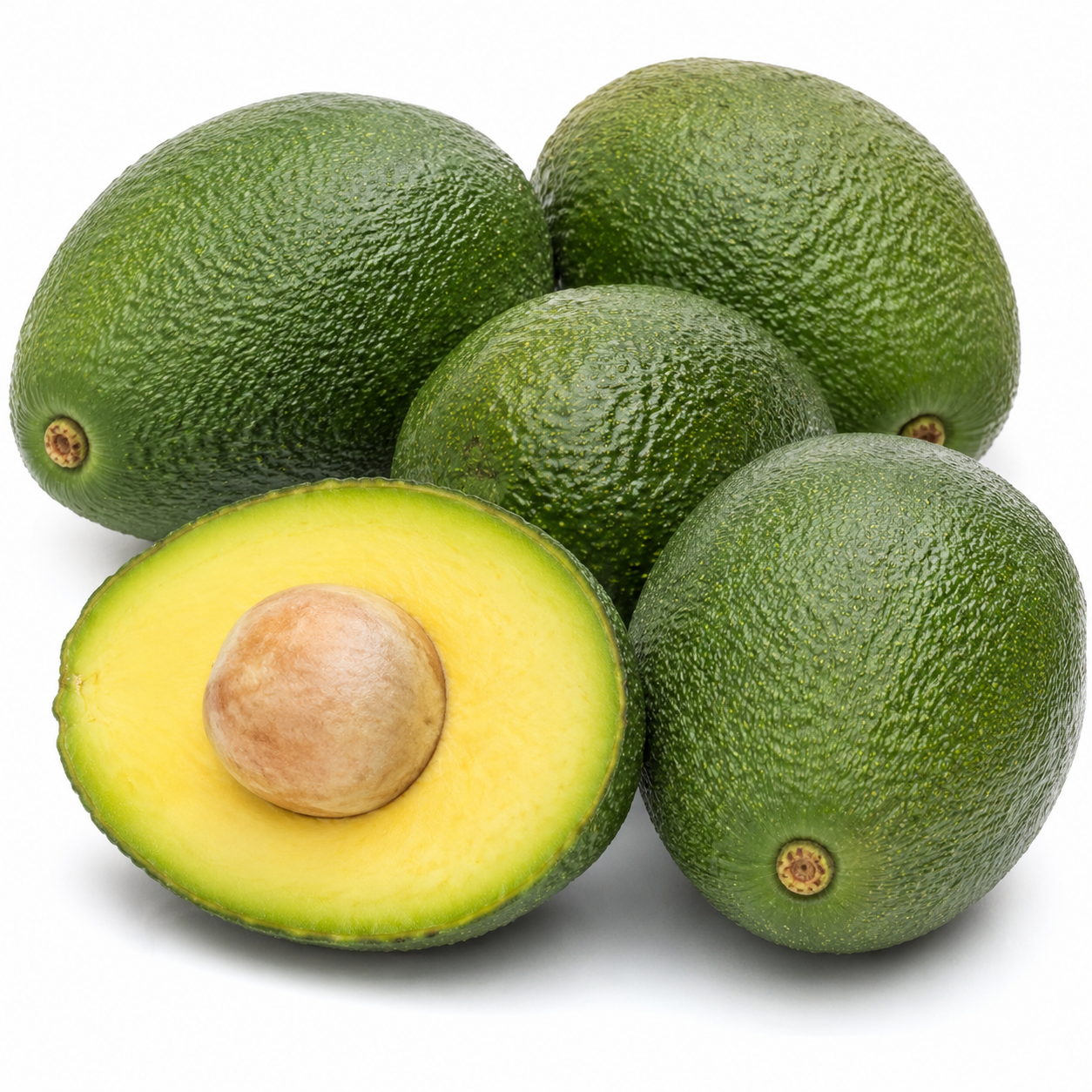Whole green Gwen avocados with one halved fruit showing gold-green flesh and a round tan seed.