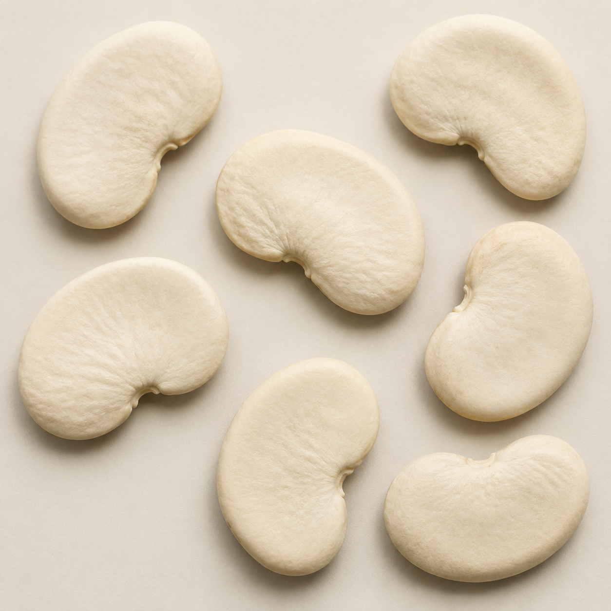 Large, broad, flattened Burpee Improved Bush lima beans with deep curved notches and creamy-white seed coats.