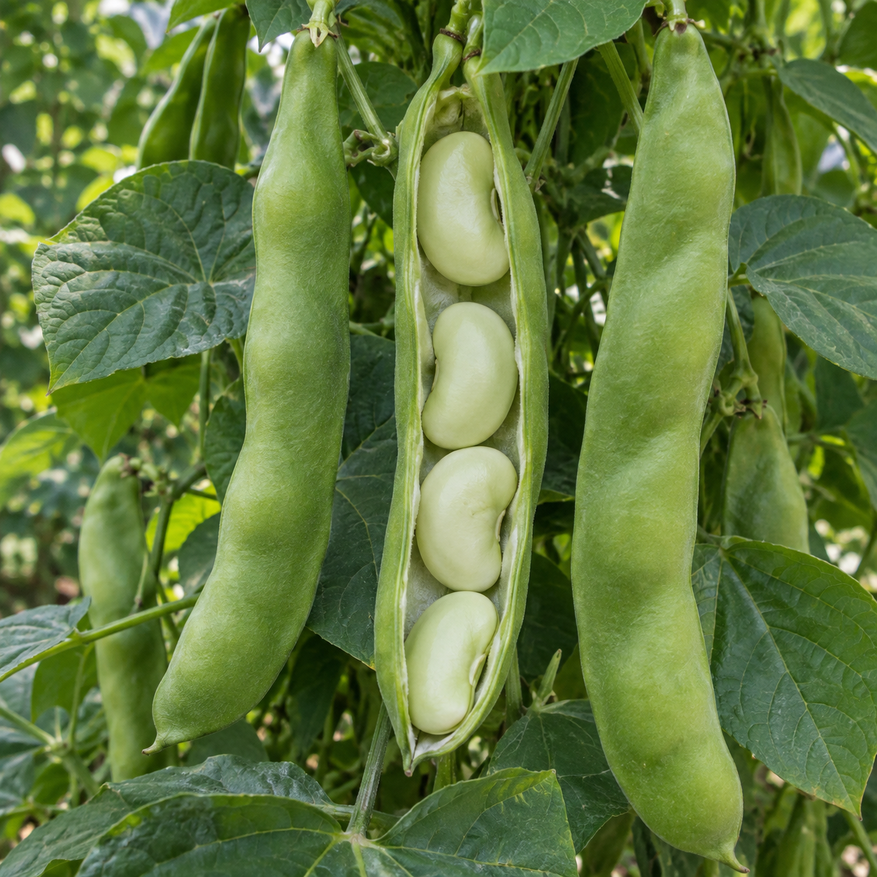 Long green Big Mama lima pods hanging among broad leaves, with one opened pod exposing four exceptionally large pale-green beans.