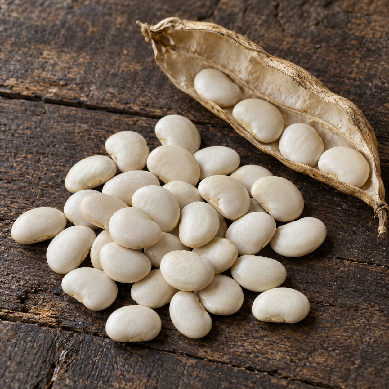 Loose pile of small, creamy-white Carolina Sieva lima beans on weathered wood beside an opened dry pod.