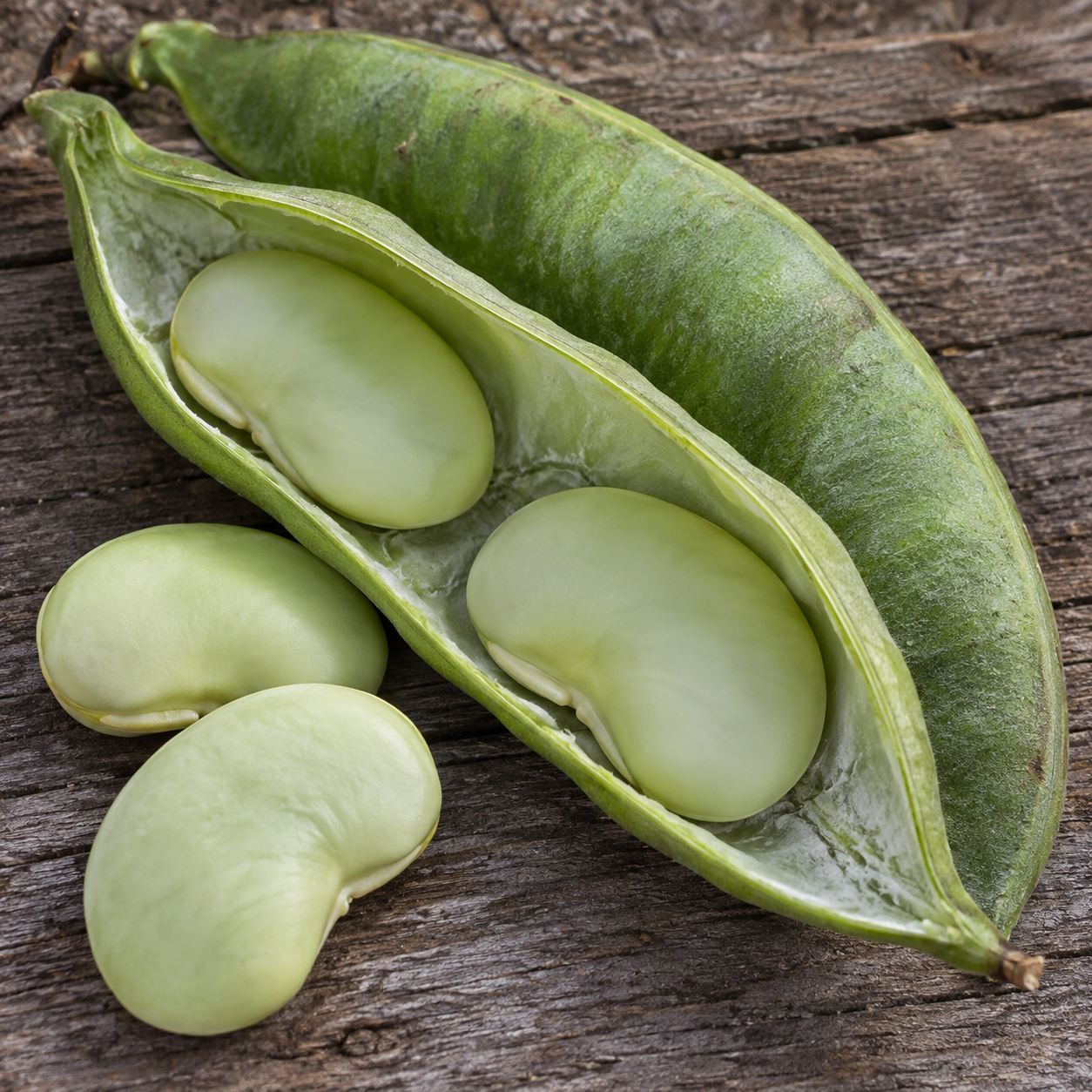 Very large pale-green Dr. Martin lima beans beside a broad opened green pod on weathered wooden boards.