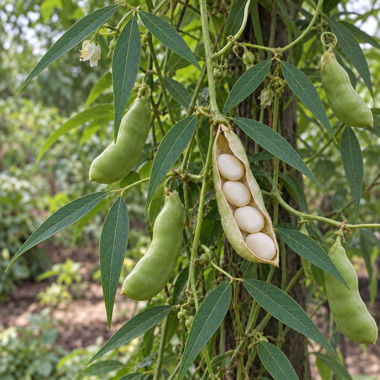 Climbing Willow Leaf lima plant with narrow, willow-shaped trifoliate leaflets, green pods, and one opened pod containing four creamy-white beans.