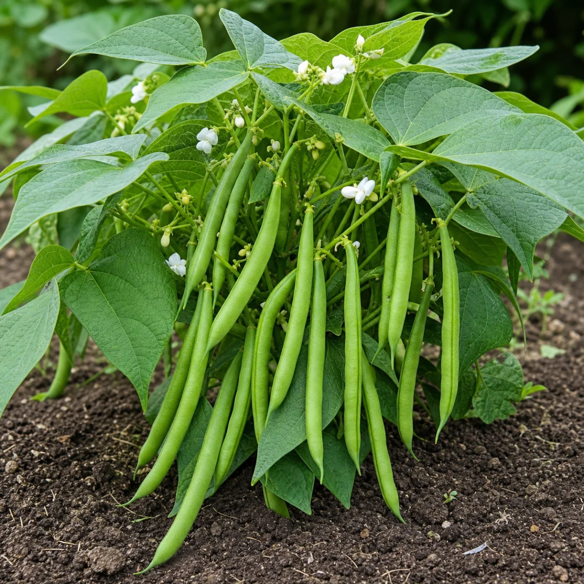 Bush snap beans growing in garden soil