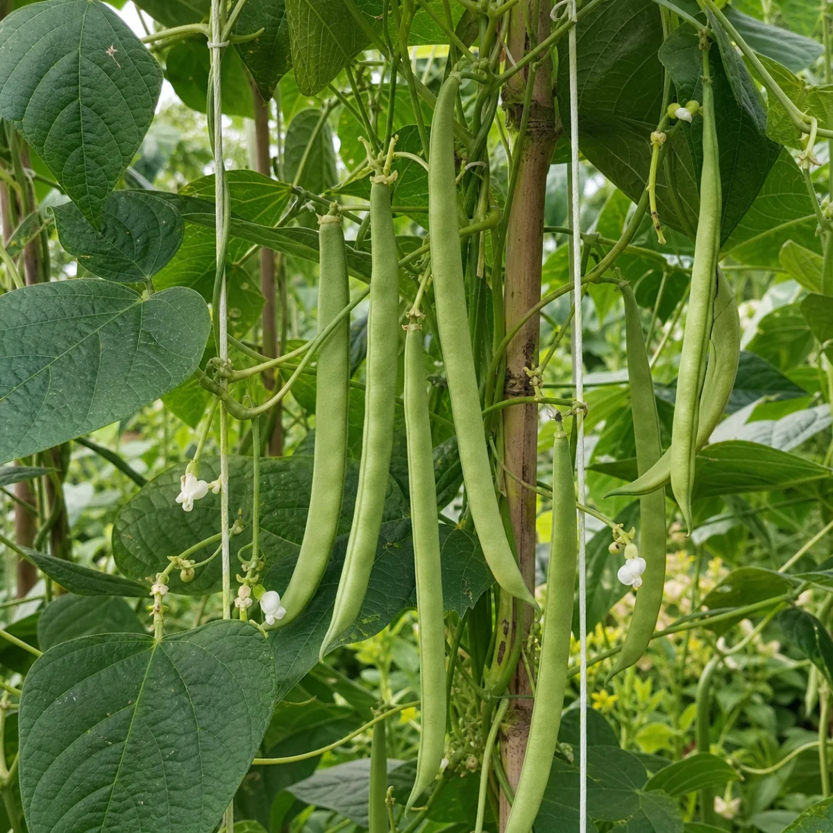 Pole snap beans growing on a garden trellis