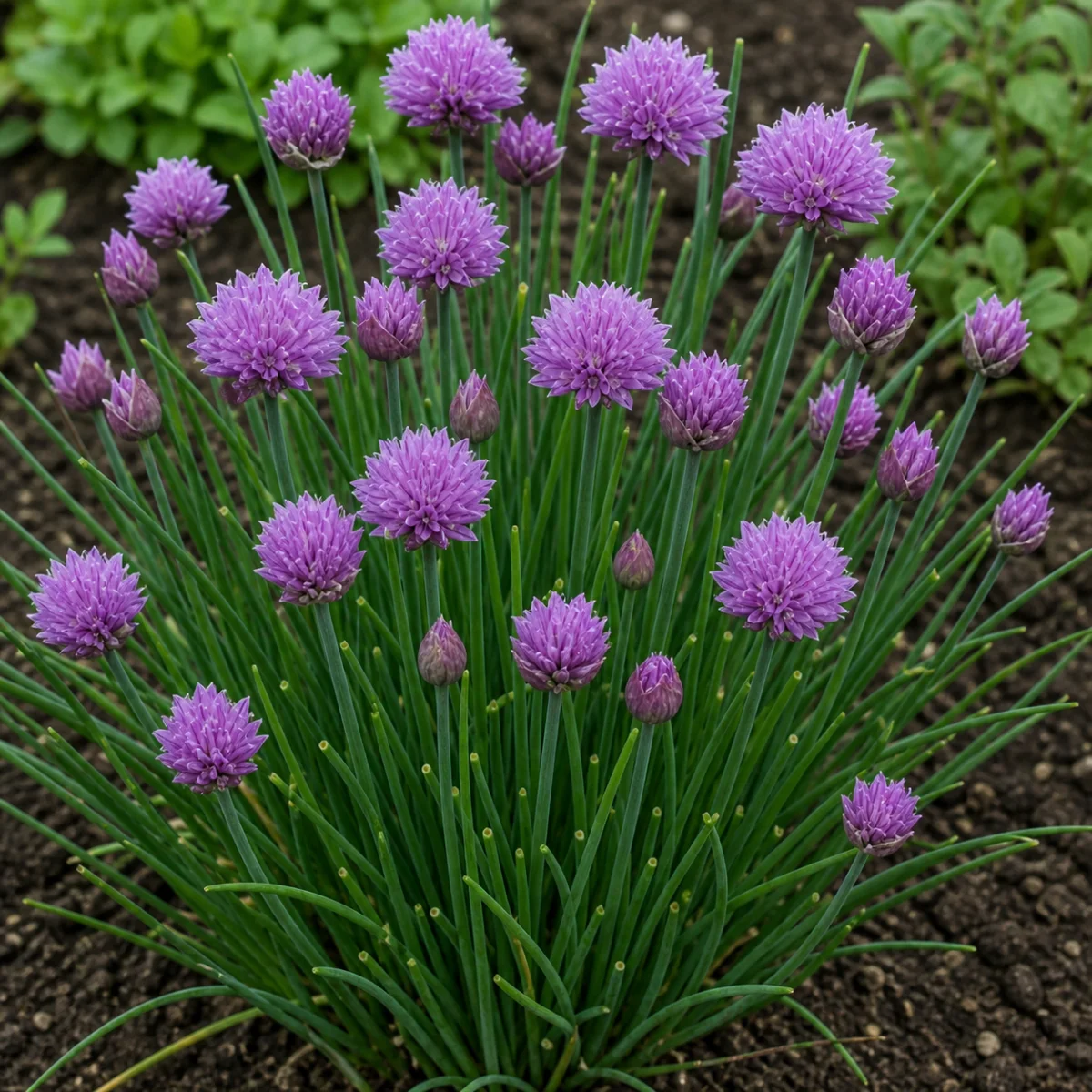 Chives growing with purple flowers
