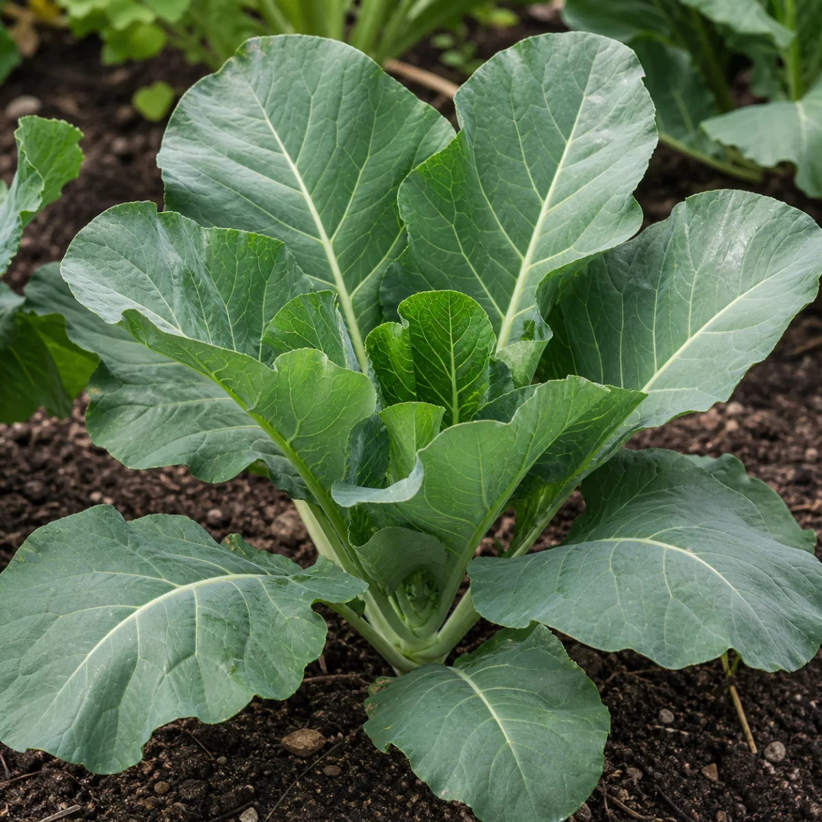 Collard greens growing in garden soil