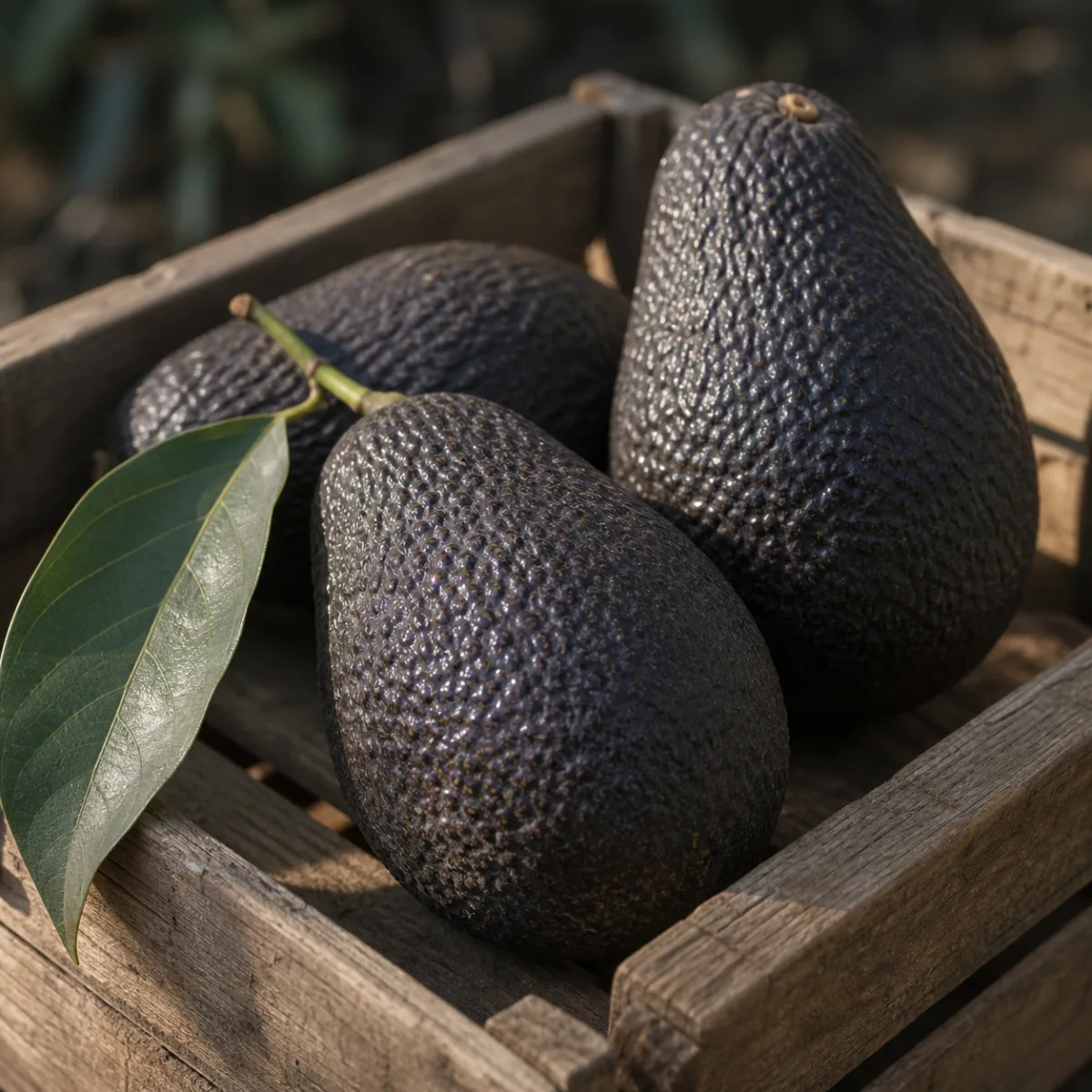 Large dark pear-shaped Lamb Hass avocados in a wooden harvest crate
