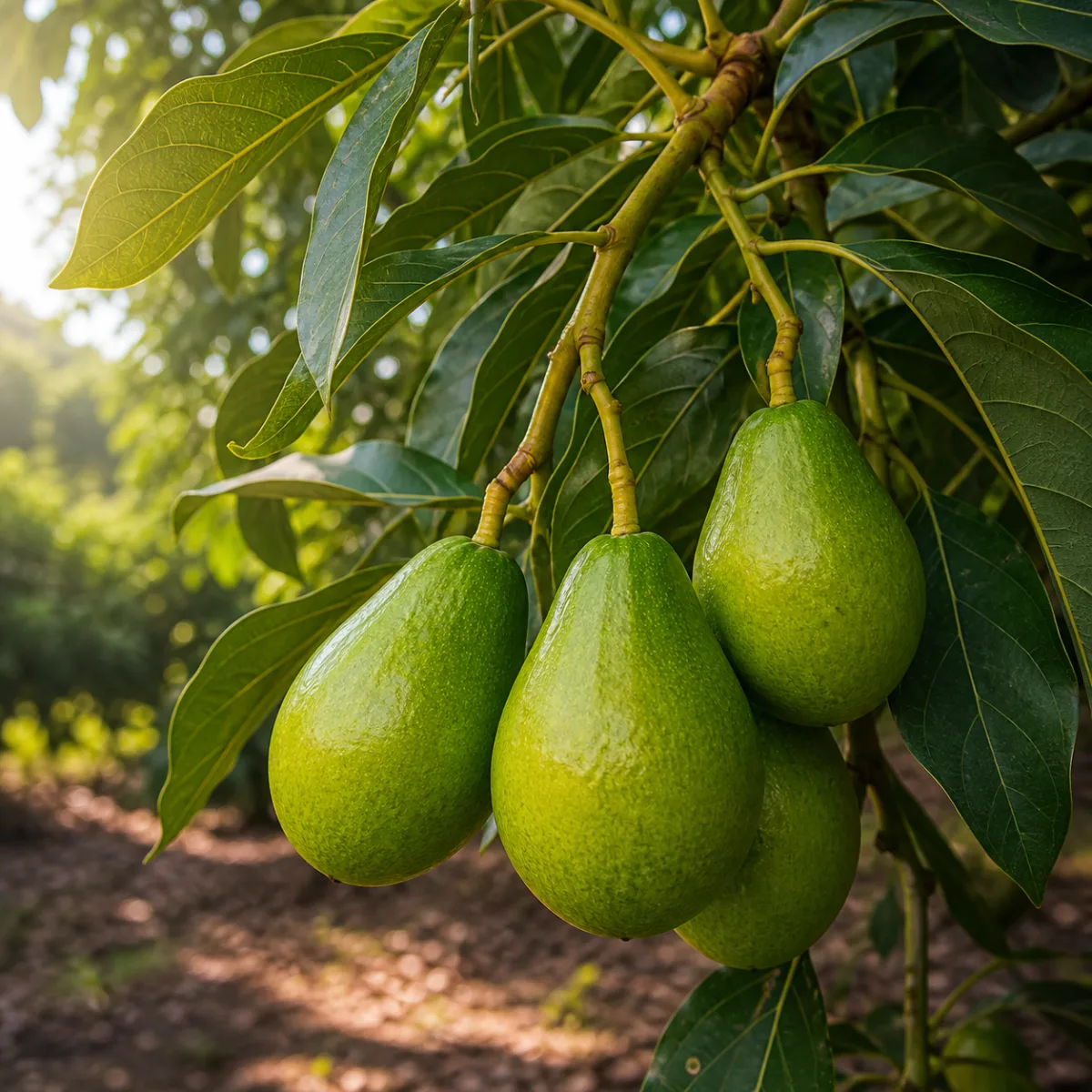 Zutano avocados with smooth light-green pear-shaped fruit on a tree